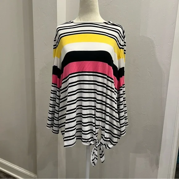 Ruby Rd Top Women’s Large L 3/4 Sleeve Striped Shirt White Pink Yellow - Picture 1 of 4
